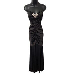 VTG 80s 90s Y2K Cache Strapless Black Satin Gown Sz 2 Mermaid Fishtail Long Prom